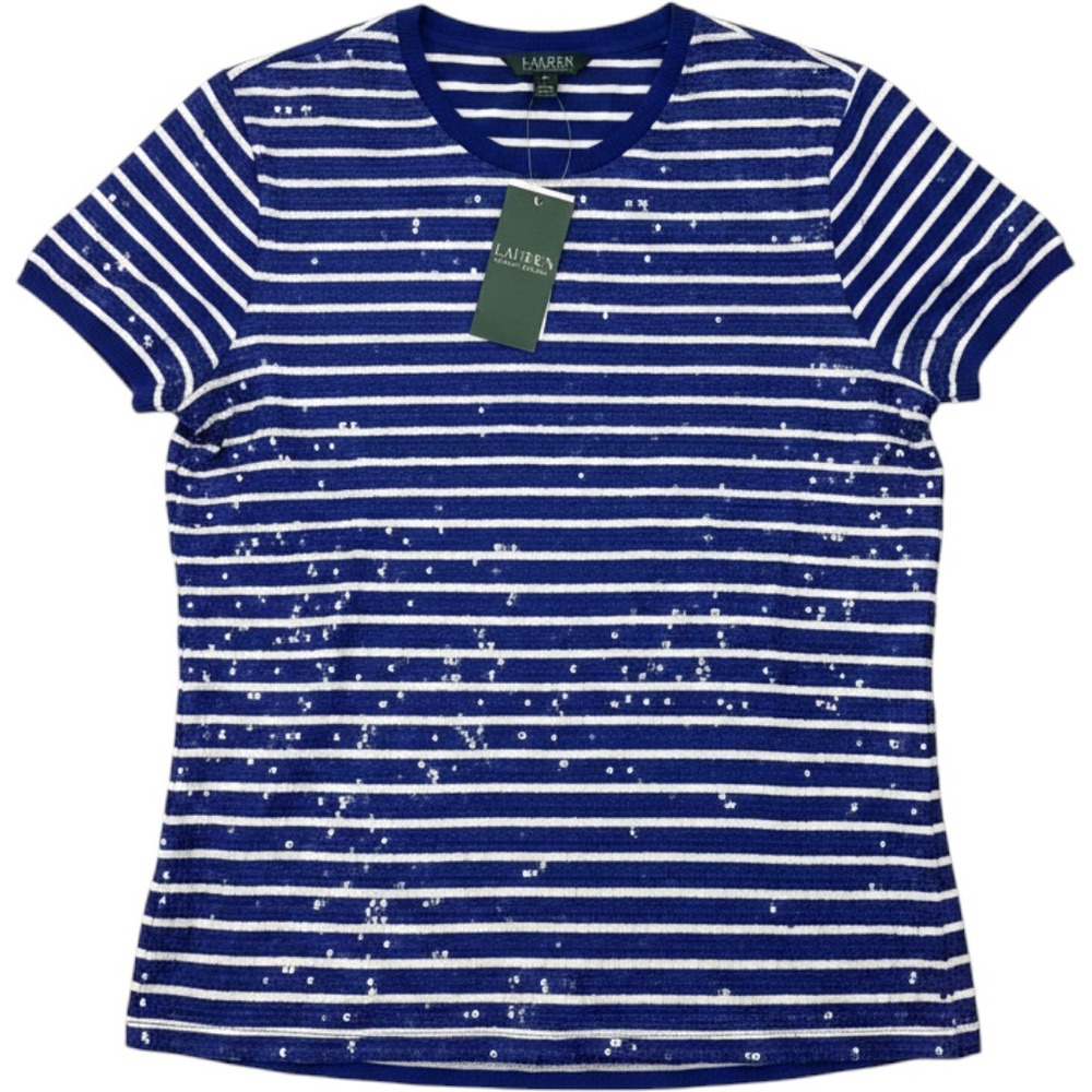 Lauren Ralph Lauren Womens Blue‎ Striped Sequin Short Sleeve Shirt Large NEW